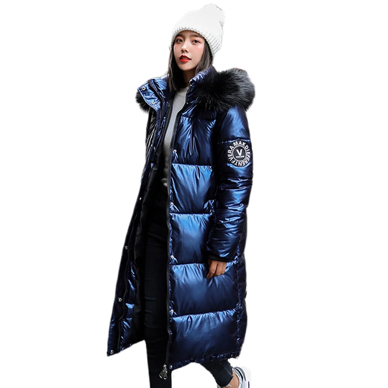 

Women X-Long Plus Size Coat Parkas Female Winter Warm Thicke Hooded Fur Cotton Padded Coats Solid Casual Silver Down Jacket