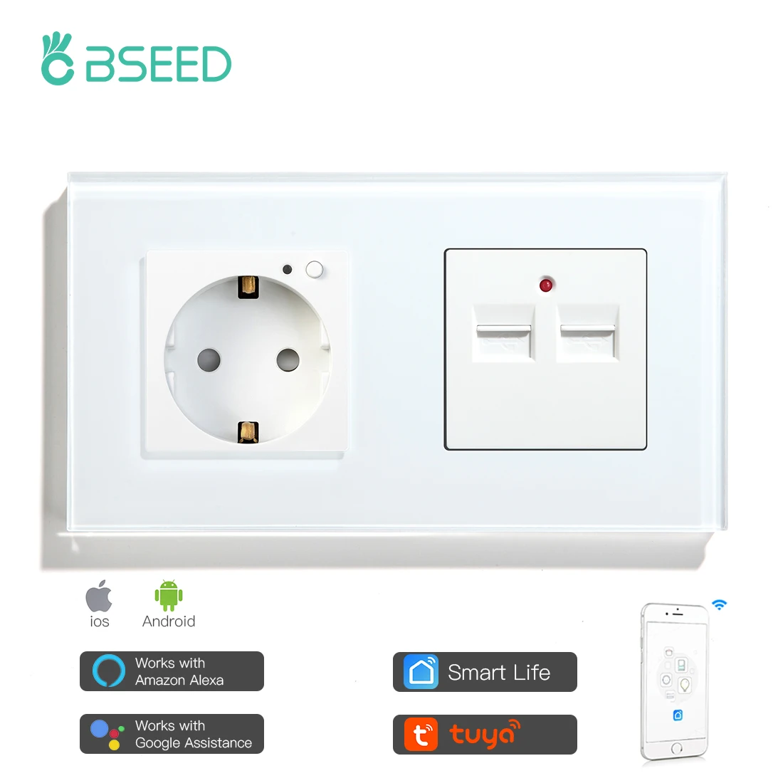 

Умная розетка BSEED стандарта ЕС с обычным зарядным устройством USB, 100-240 в, белая, черная, прозрачная стеклянная панель, работает с "Smart Life"