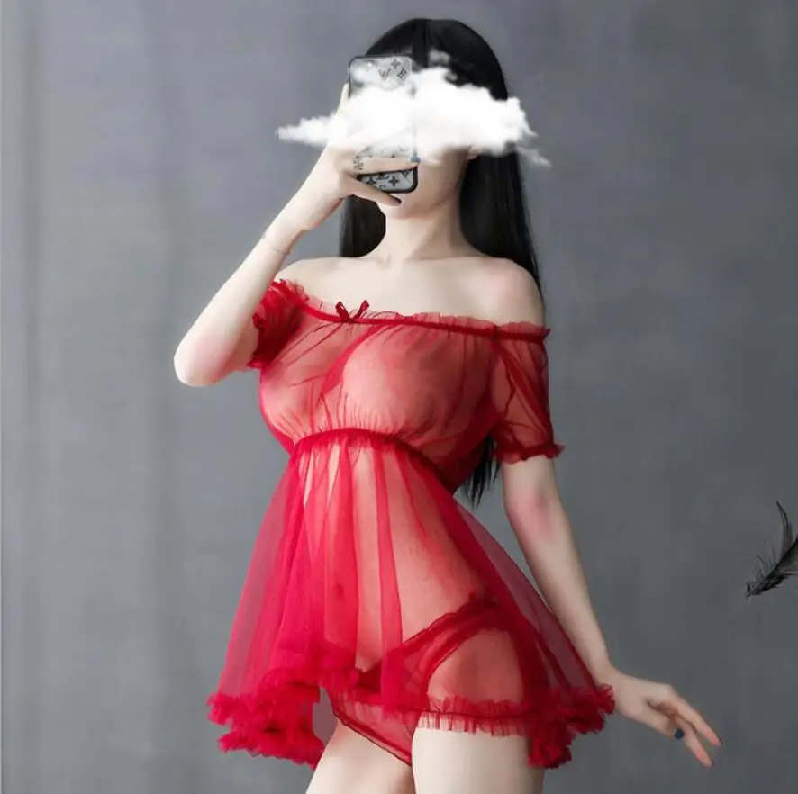 Short Sleeve Slash Neck Ruffle Bow Mesh Gauze Sheer Tops And Shorts Woman Night Sexy Sleepwear Lingerie Pajamas Set Home Clothes | Женская