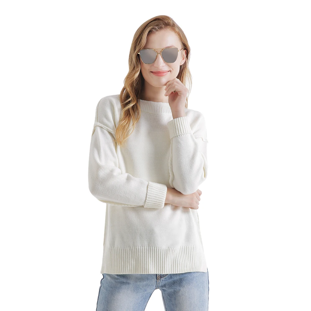 Однотонный свитер с круглым вырезом для женщин круглый вырез длинные рукава