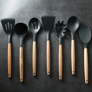 silicone kitchenware cooking utensils set non stick cookware accessories spatula wooden handle black cute kitchen gadget sets free global shipping