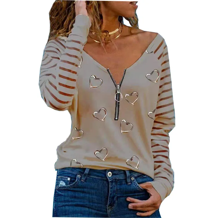 

Autumn New Fashion T-shirt Women's 2021 Casual Loose Pure Color Oversized Zipper Long Sleeve T-shirt Hei Performance Printed Top