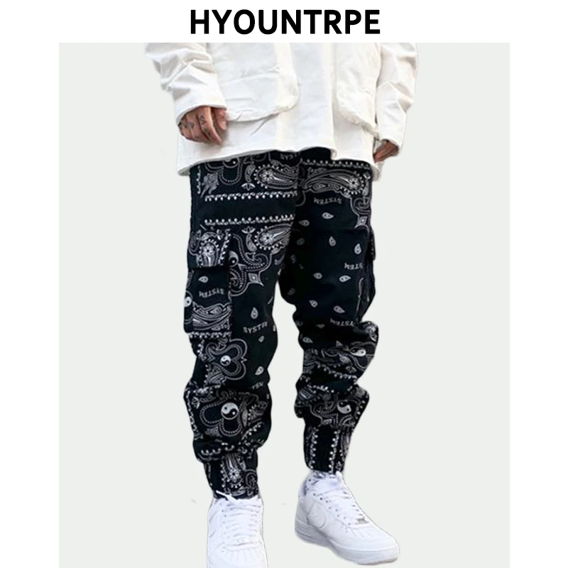 

Hip Hop Loose Fit Elastic Waist Pants Fashion Printed Side Pocket Ankle Pants Mens New Casual Drewstring Sportwear Pants Joggers
