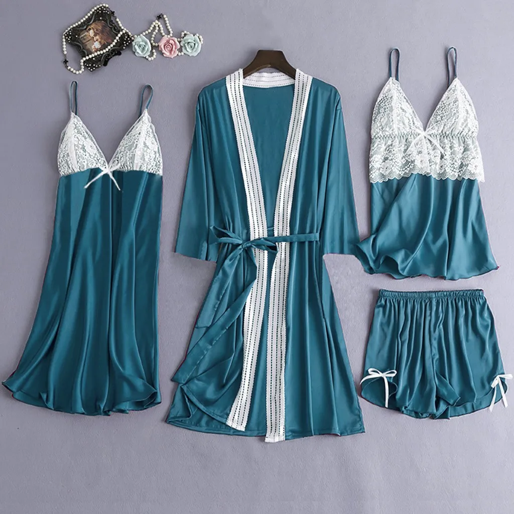 

4PC Ladies Satin Lace Pajama Set Sexy Pure Color Camisole Bowknot Nightdress Lace Silk Pajama Set 40*