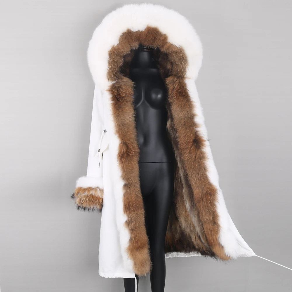 Women Real Fur Coat Winter X-long Jacket White Color Waterproof Fabric Windbreaker Big Fur Collar Removable Outerwear Brand
