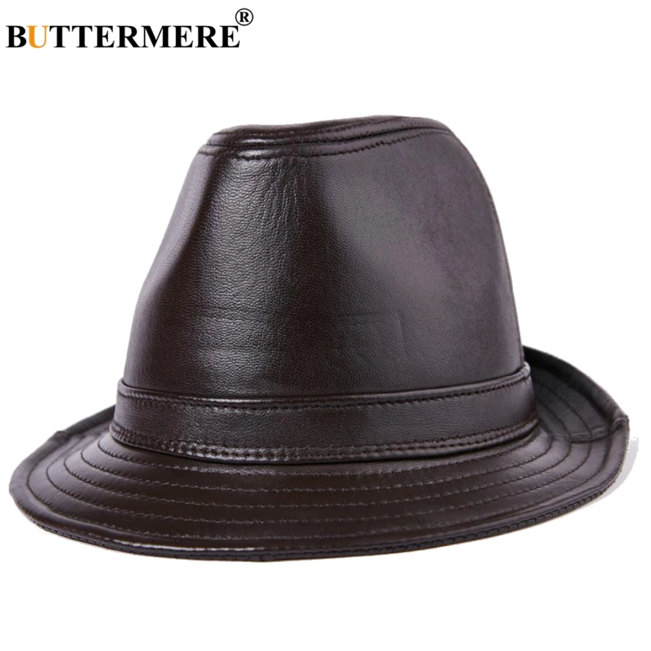 

BUTTERMERE Genuine Leather Hat Fedora Men Brown Top Trilby Hats Caps Bowler Real Leather Male Designer Autumn Winter Jazz Cap