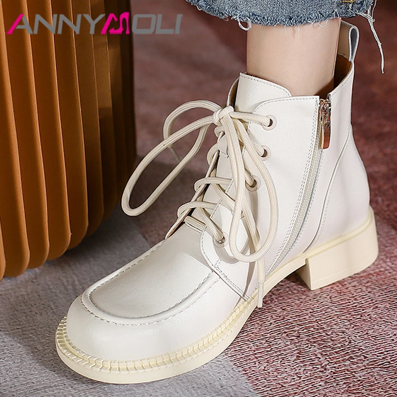 

ANNYMOLI Genuine Leather Shoes Women Motorcycle Boots Thick Heel Ankle Boots Round Toe Zipper Lady Fashion Short Boots Black 39