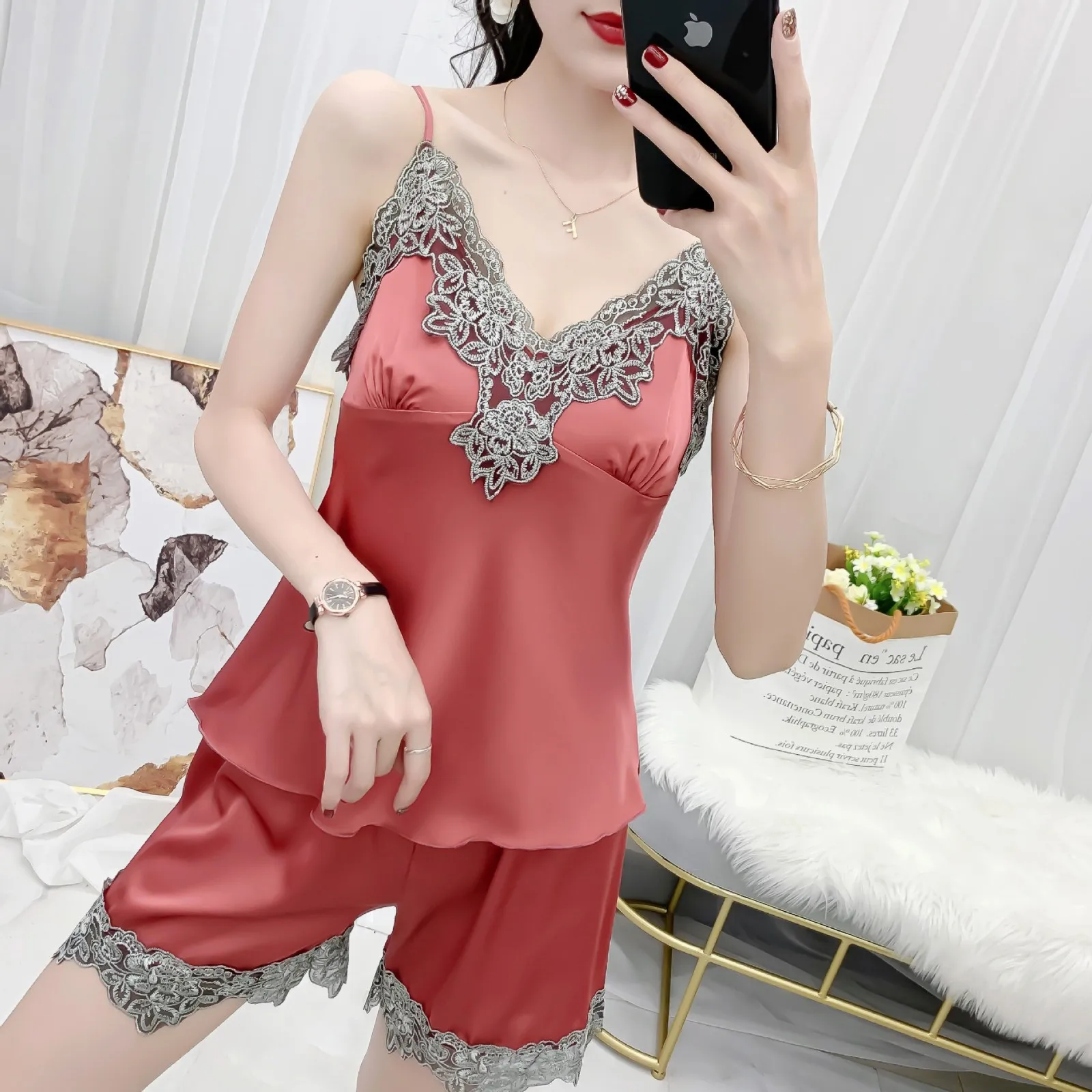 

2PCS Strap Top&Shorts Satin Sleepwear Women Intimate Lingerie Sexy Sleep Set Pajamas Silky Nightwear Home Clothes Lace Pijamas