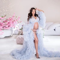 elegant extra puffy tiered ruffled tulle maternity dresses women sexy sheer long pleated party tulle gown robes for photo shoot