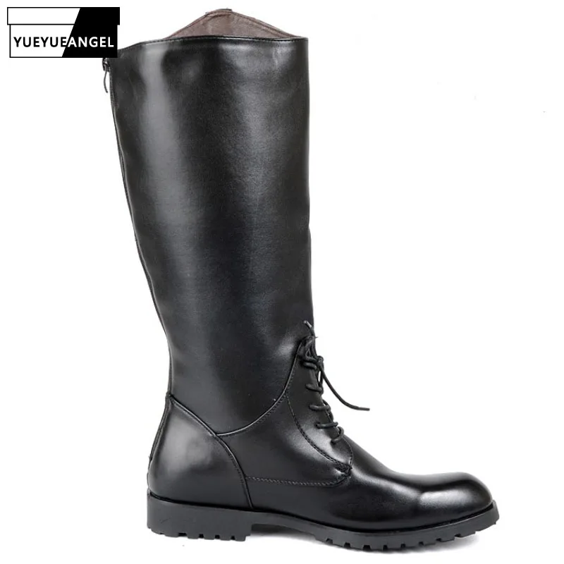

New Fashion Pointed Toe Riding Boots Men PU Leather Lace Up Motorcycle High Boots 10 High Quality Military Boot Shoes