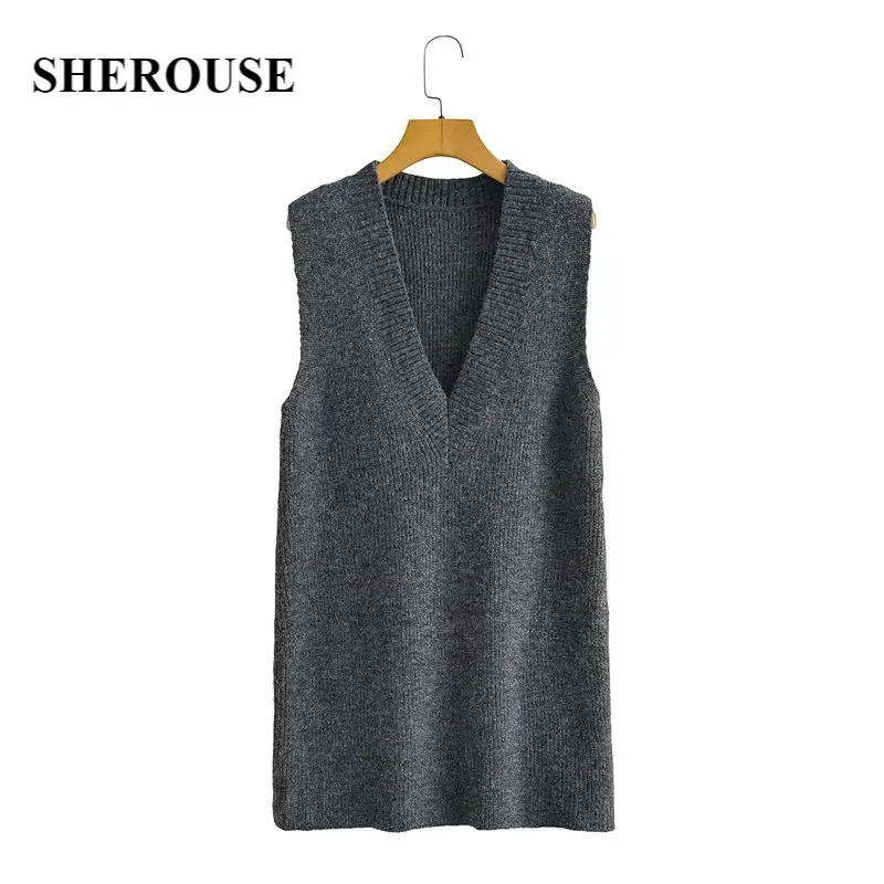 

SHEROUSE Women Fashion Solid Knitted Tank Top Vintage V-Neck Sleeveless Oversized Sweater Vest Woman Chic Tops