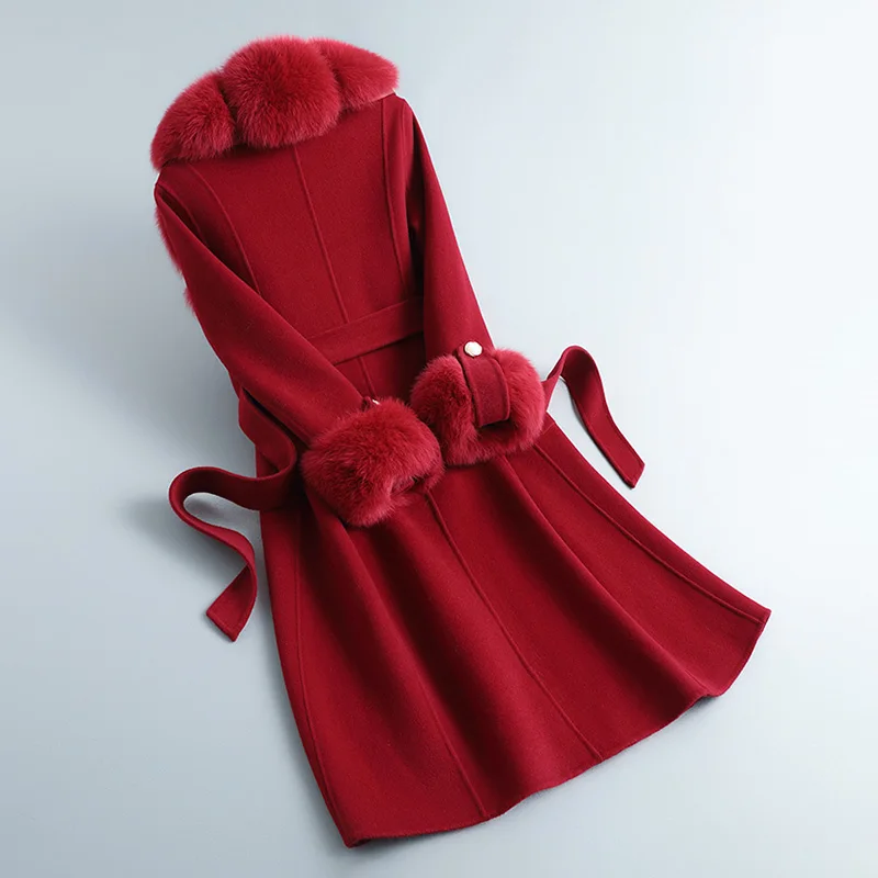 Winter Autumn Women's Classic Double-Faced Wool Coat Real Fox Fur Collar Cuff Woolen Female Jacket Belt S3664 | Женская одежда