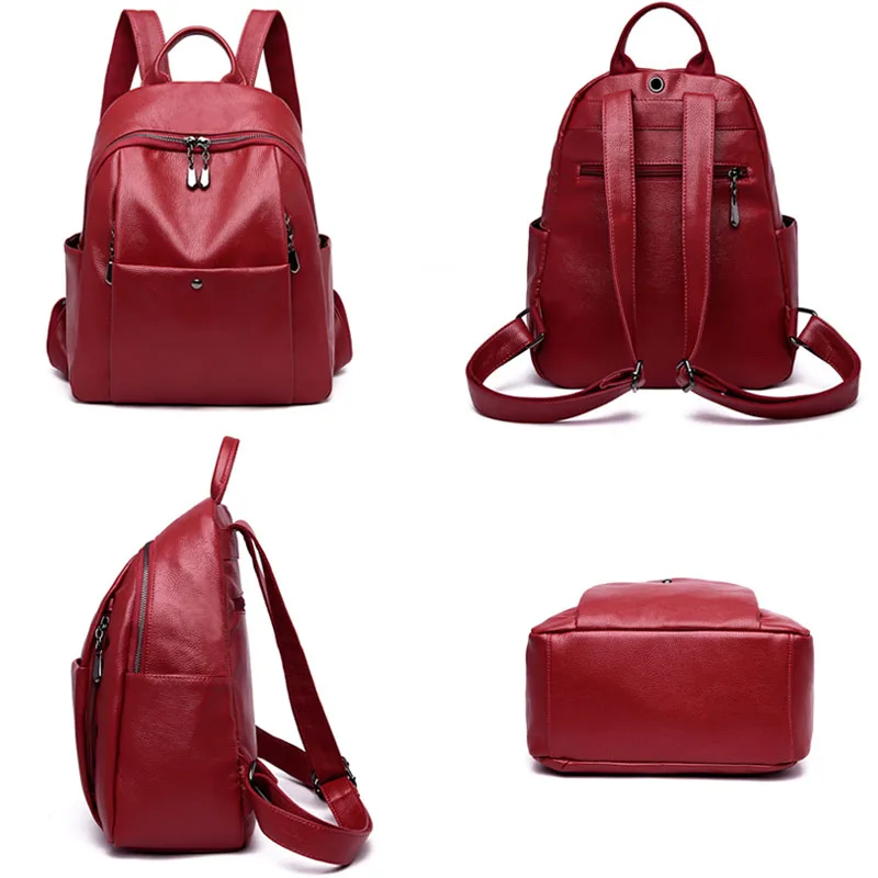 Большой женский кожаный рюкзак A4 школьный ранец коричневые черные красные