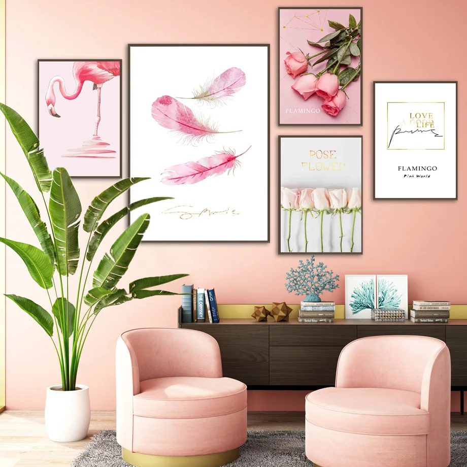 

Scandinavian Flamingo Feathers Rose Quote Wall Art Canvas Painting Nordic Posters And Prints Wall Pictures For Living Room Decor