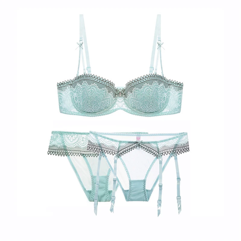 

Sexy thick cushion half cup embroidered bra ruffles flower lace panties garter briefs 3piece/set CYHWR