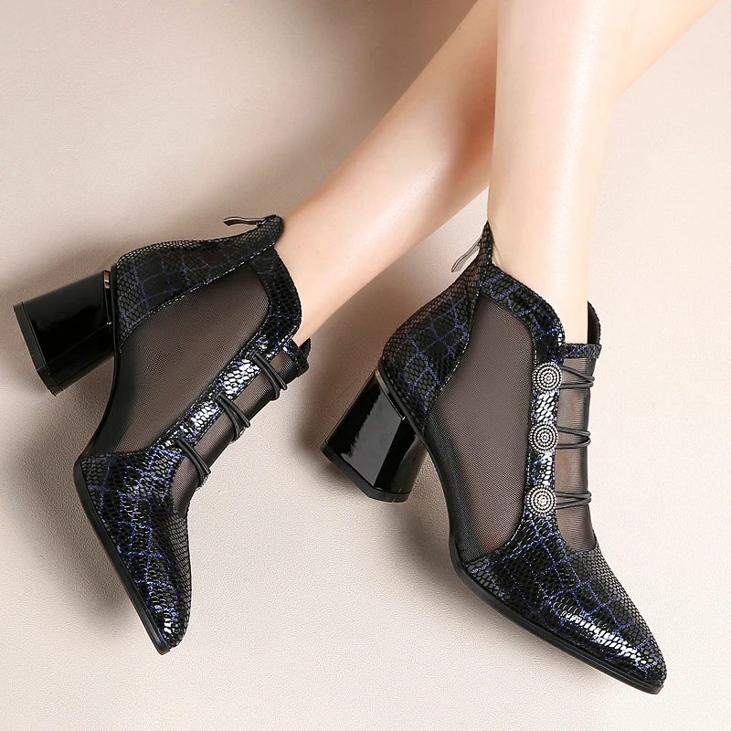 

Fashion Ankle Boots Women New Elegant Pumps Genuine Leather Breathable Mesh Shoes Spring Summer Office Lady Short Boots