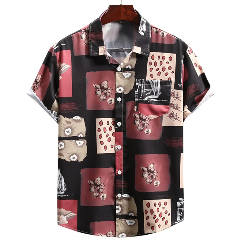

Мужская летняя рубашка с коротким рукавом, Повседневная Свободная уличная одежда с принтом, топ с отворотом, новый стиль 2021