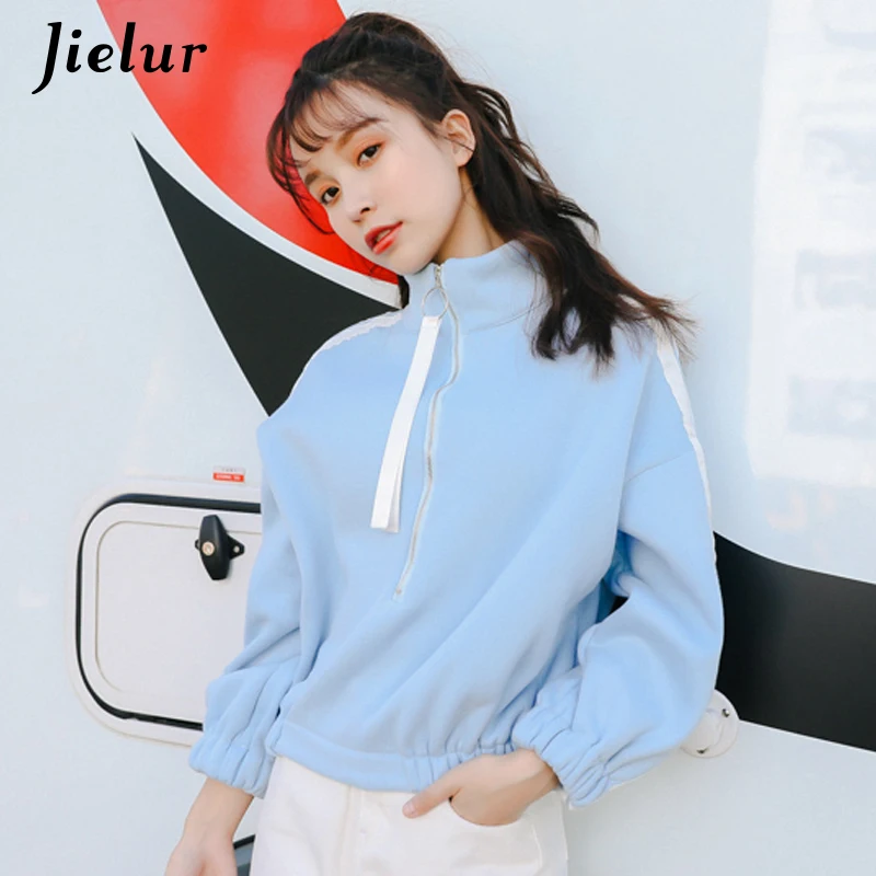 Jielur корейская мода тонкая водолазка Свитшот Женская Полосатая молния фиолетовая