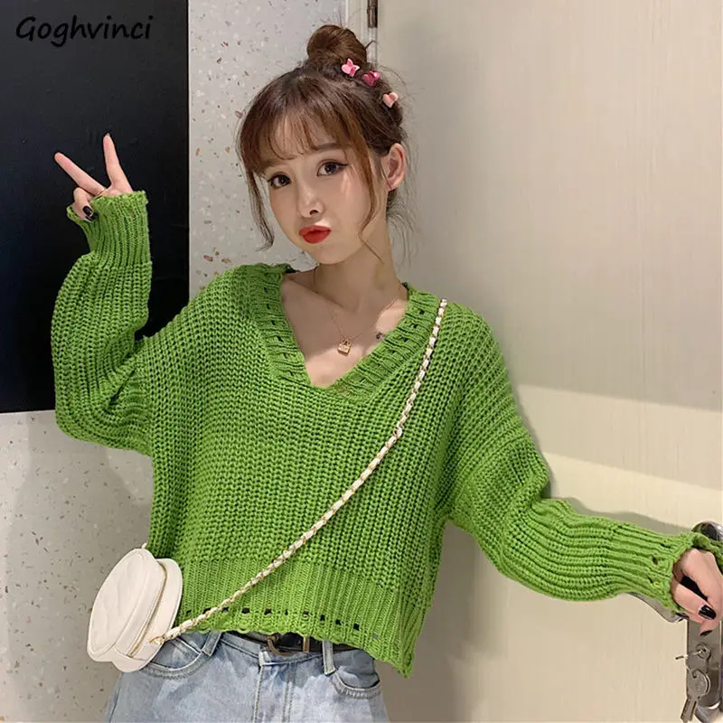 

Sweet Women Pullovers Simple Solid Spliced Hollow Out V-neck Loose Knitted Short Sweater Streetwear Ulzzang Trendy Vintage Teens