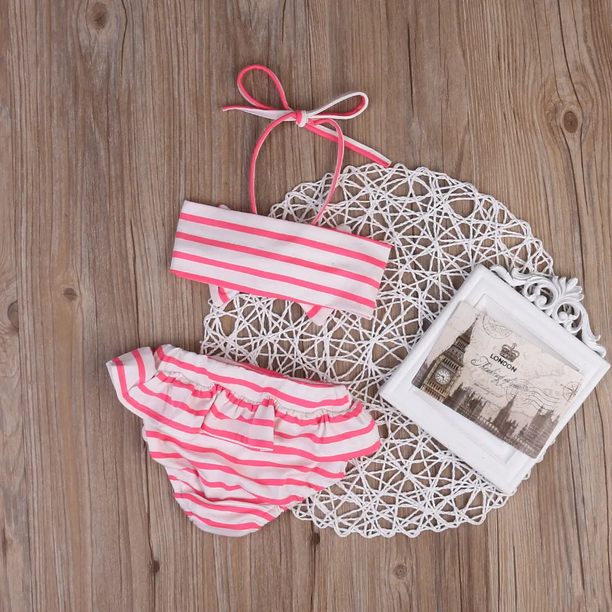 Комплект бикини в полоску с бандо для маленьких девочек купальный костюм бантом