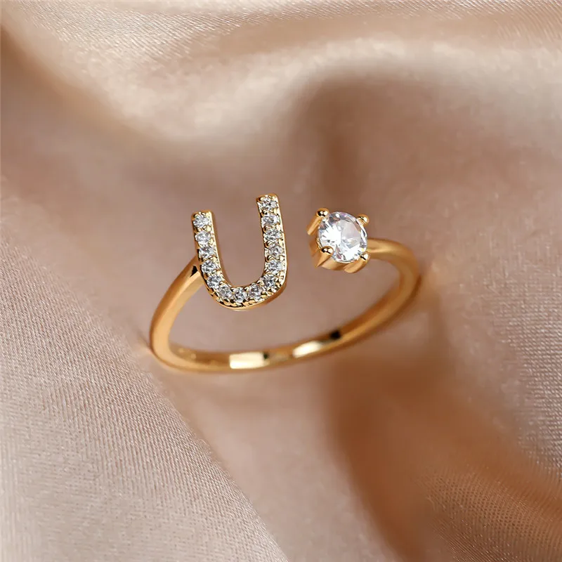 

Simple Female Letter U Zircon Jewelry Cute Gold Color Wedding Rings For Women Luxury White Round Crystal Engagement Open Ring