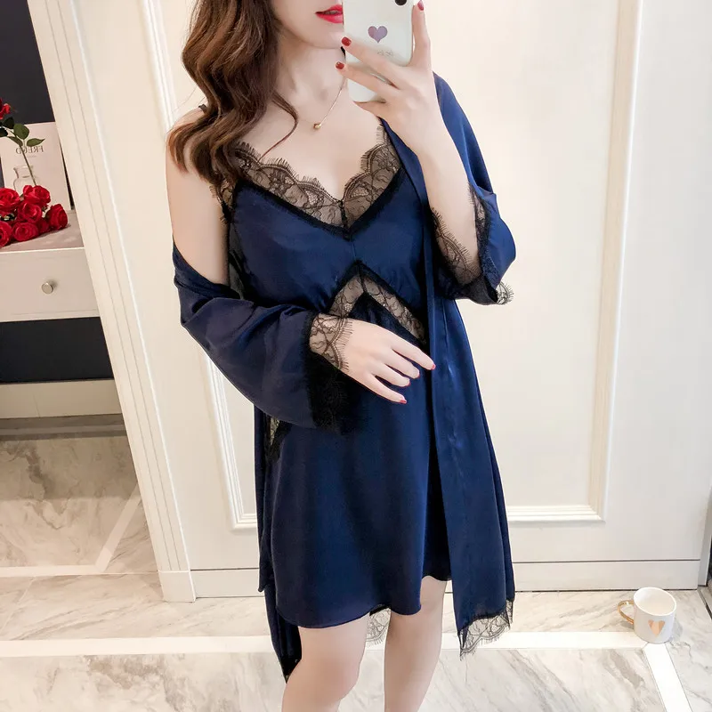 

Nightwear Women Nightdress Kimono Bathrobe Gown Satin Sleepwear Lace Patchwork Intimate Lingerie Sexy Nightgown Home Clothes