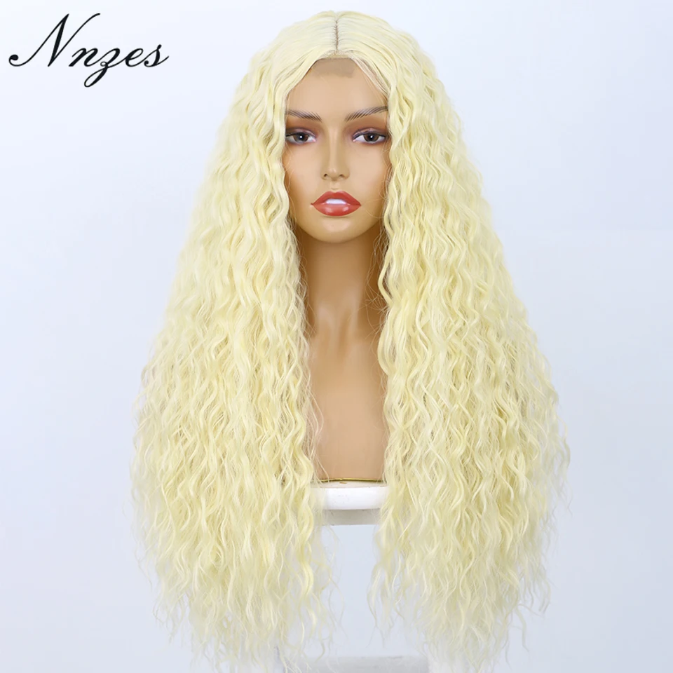 

NNZES 24inches Synthetic Wigs Long Kinky Curly Blonde Wig Black Pink Red Middle Part Hair for Women Heat Resistant Fiber