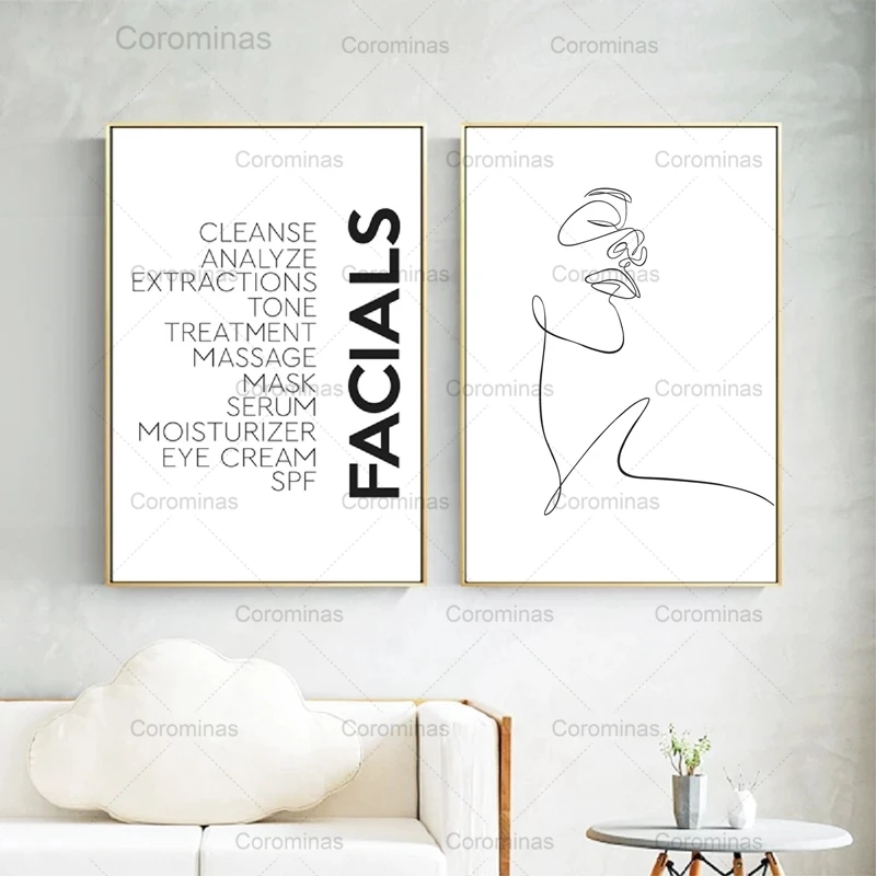 

Facials Quotes Canvas Print Spa Beauty Poster Scandinavian Esthetician Gift Woman Face Sketch One Line Drawing Living Room Decor