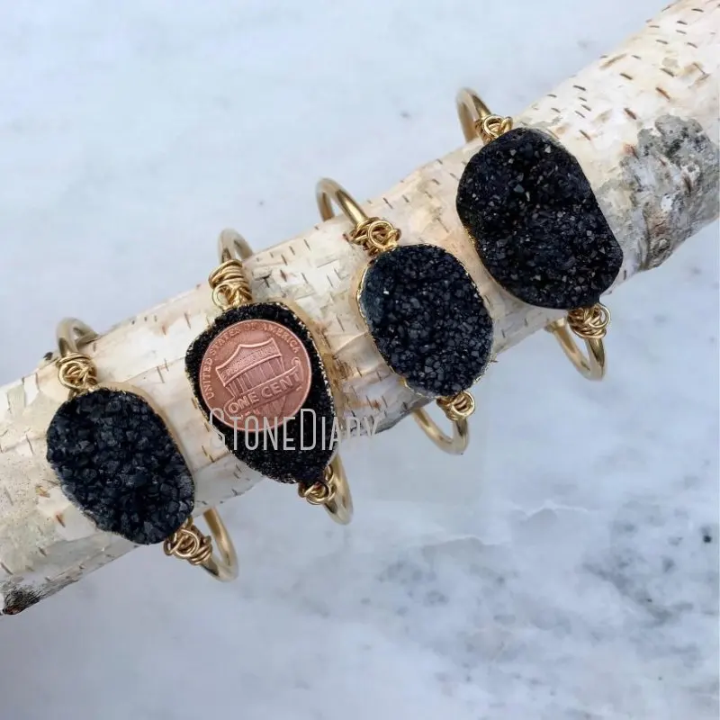 Богемный черный браслет из друзы BM11255 овальный с золотым гальваническим