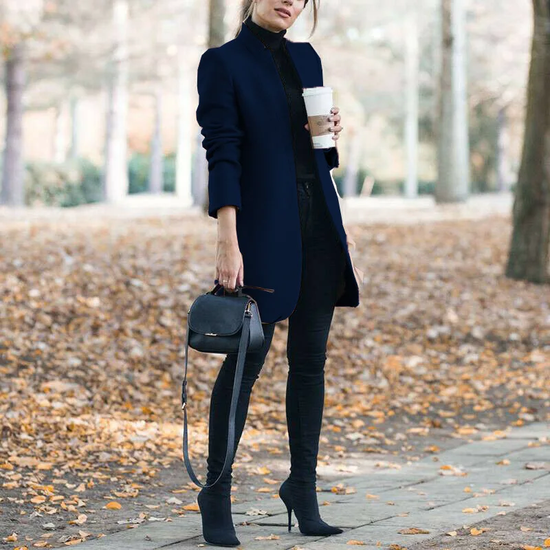 

Woolens Overcoats Women Autumn Winter Stand Neck Long Sleeve Pockets Thin Wool Coats Casual Female Office Work Jackets Plus Size