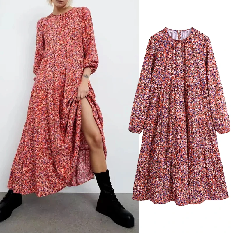 

Женское платье-миди с цветочным принтом, круглым вырезом и пышными рукавами