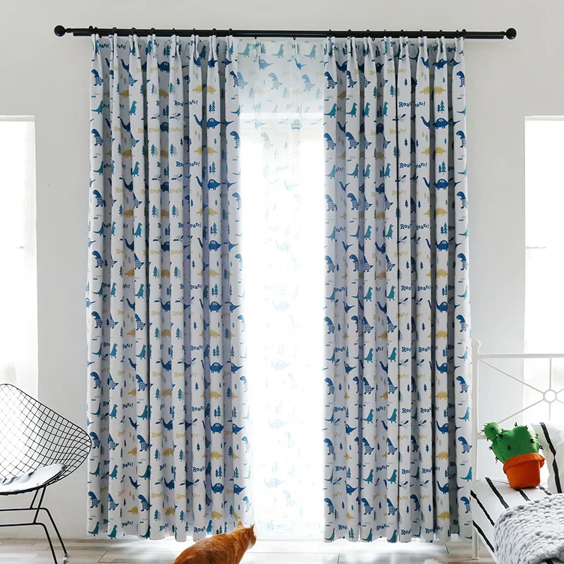 Modern Simple Small Dinosaur Blue Printing Shading Curtains for Living Dining Room Bedroom. | Дом и сад