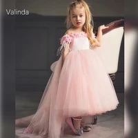 sheer neck pink girl pageant dresses with flowers
