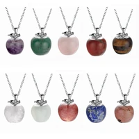 ashmita natural stone carved apple pendant figurine statue with alloy leaf healing stone crystal necklace christmas gifts