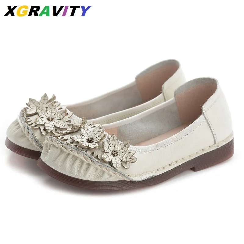 

2021 Flower Design Flat Shoes Elegant Cow Genuine Leather Soft Flats Female Women's Casual Round Toe Shoes Ladies Leisure Loafer
