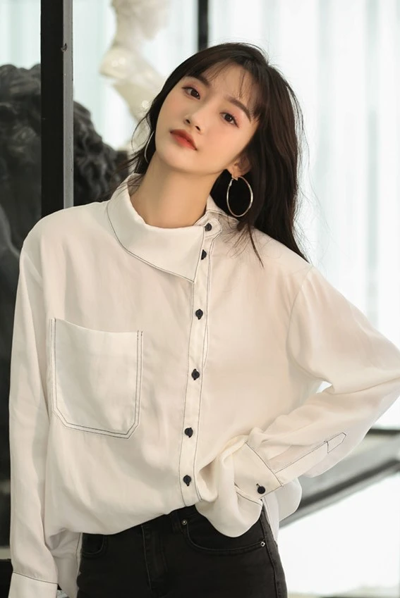 

SuperAen Solid Single-breasted 2021 Spring New All Match Open-line Full Loose Shirt Womens Tops