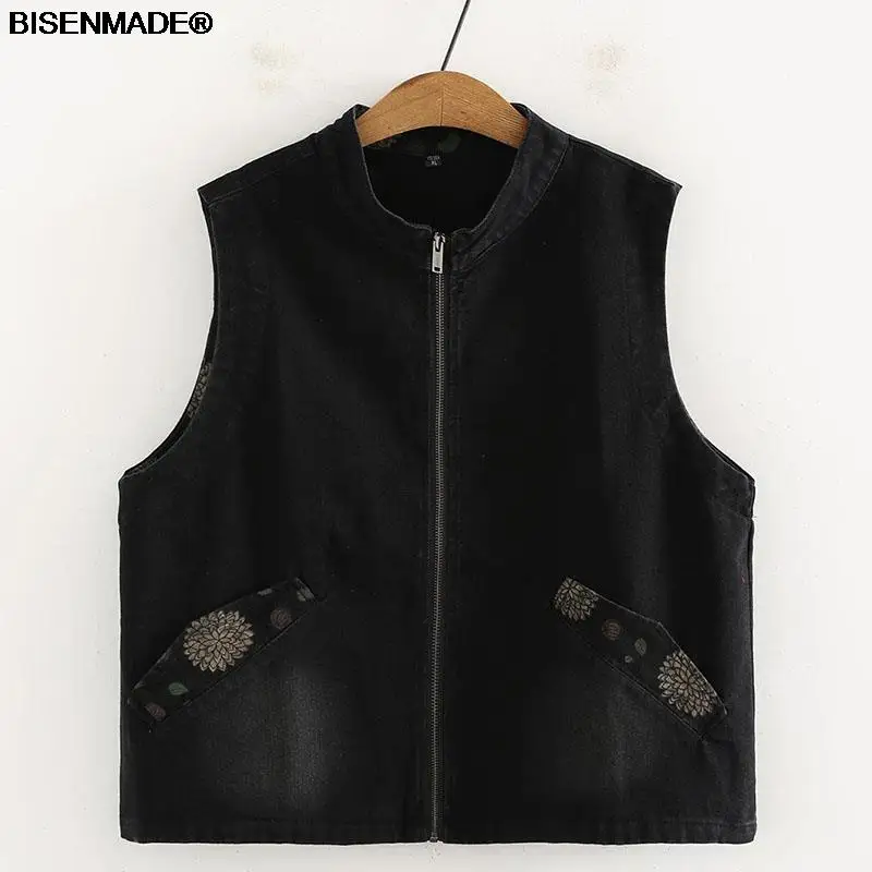 

Women Clothing Sleeveless Vests Plus Size 2021 Autumn Winter Outerwear New Jacket Casual Stand Collar Print Denim Waistcoat