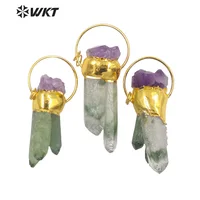 WT-P1694 New RAW green cluster crystal quartz stone pendant with Big Ring women gold electroplated handmade Spirit stone pendant