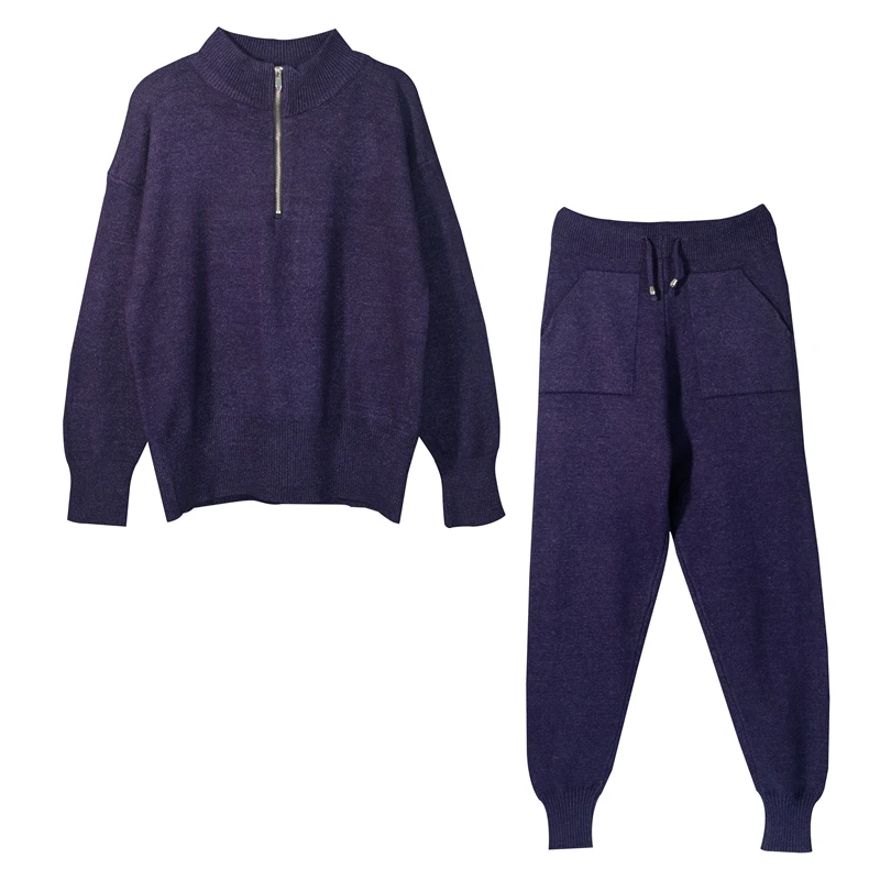 

CBAFU autumn winter women kniited 2 piece set casual tracksuit sweater sets zipper sweater elastic waist pants suit outfits M165