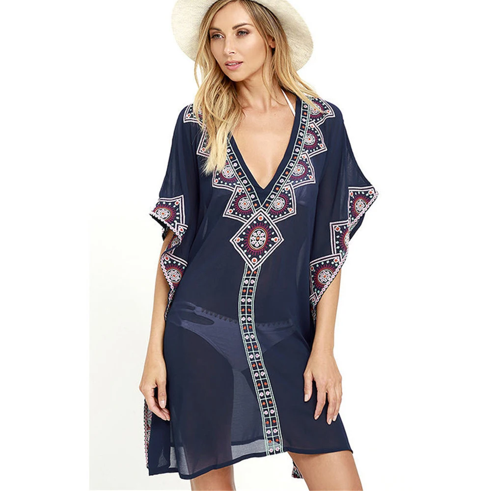 

Chiffon Embroidery Tunic For Beach Cover Up Plus Size Robe De Plage 2020 Bikini Coverups Summer Sun Dress See Through Beachwear
