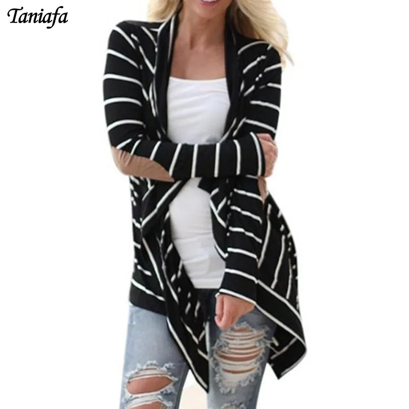 

Autumn Spring Cardigan Women Long Sleeve Striped Printed Casual Elbow Patchwork Knitted Sweater Plus Size Outerwear