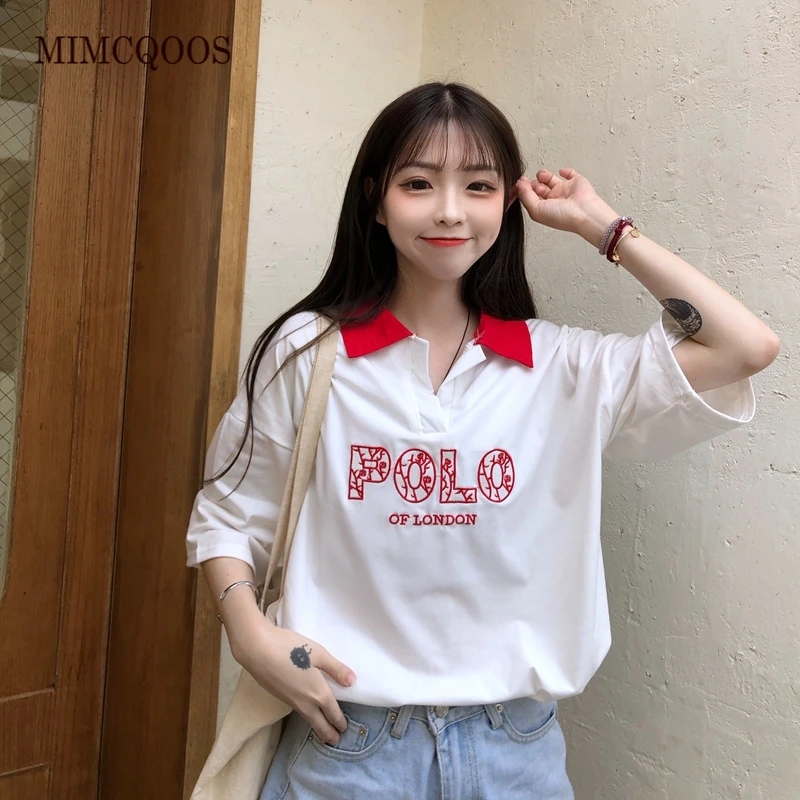 Женская футболка поло с вышитыми буквами 2021 летняя универсальная Простая