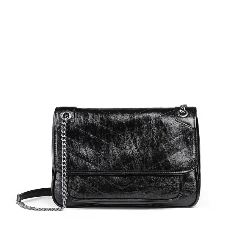 

Vintage Burst Crack Pattern Women Messenger Bag Bright Oil Wax Cowhide Leather Female Shoulder Bag Chain Niki Crossbody Bag