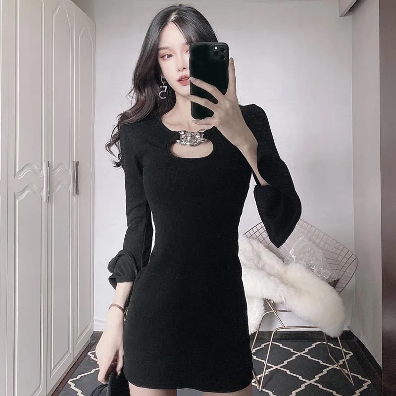 

One-Piece 2021 Korean Style Spring Summer Chic Dress French Fashionable Little Black Dress Flared Sleeves Sexy Buttocks Dresses
