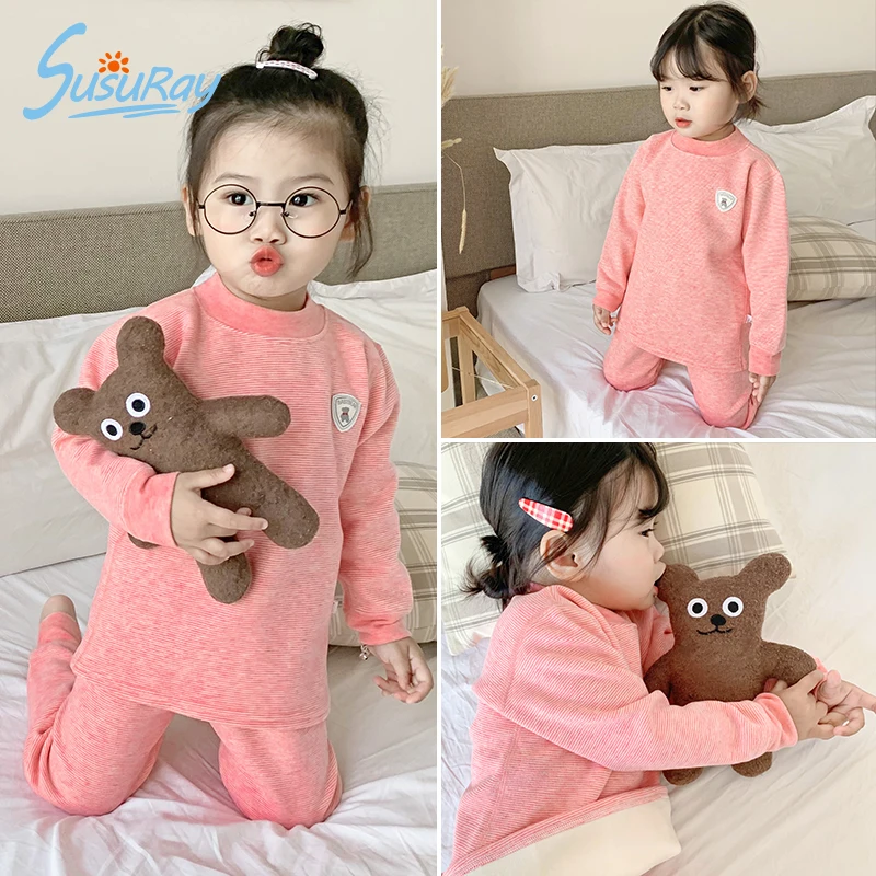 Conjunto de pijama de franela para ni&ntilde;os y ni&ntilde;as, ropa interior t&eacute;rmica a rayas, c&aacute;lida para beb&eacute;, pijamas de lana, Invierno-2