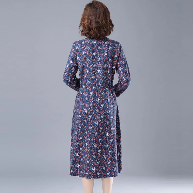 

Women Cotton Linen Casual Dress New Arrival 2021 Spring Vintage Style Stand Collar Floral Print Loose Female Long Dresses S3293