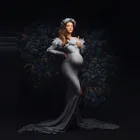 Платья для беременных, с перьями, русалочкой, длинным рукавом, без бретелек, с разрезом, со шлейфом, большие размеры, эластичные платья для беременных
