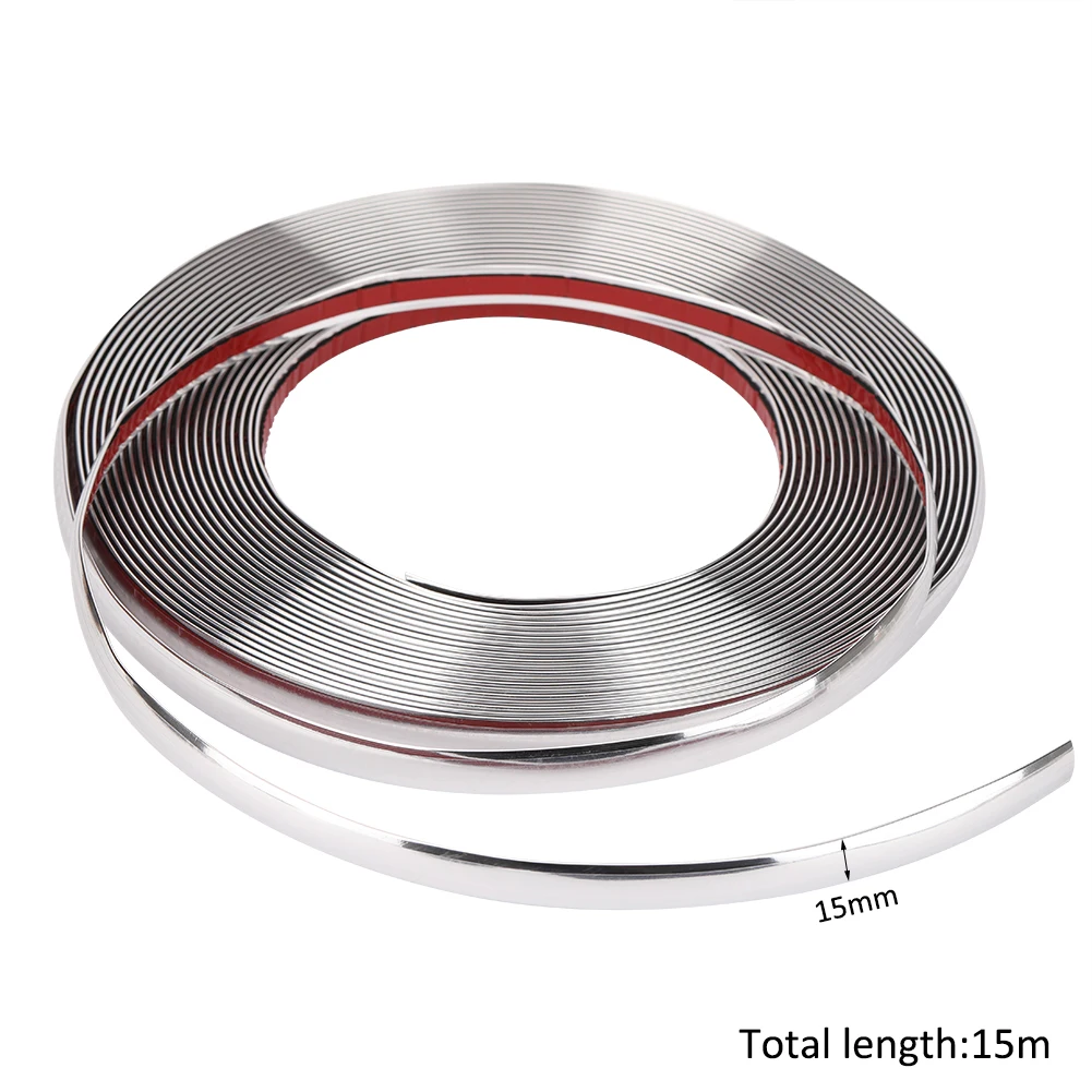 

15M Silver Car Chrome Decoration Moulding Trim Strip Tape Universal PVC Bumper Anticollision Sticker 15mm DIY Car Door Protector