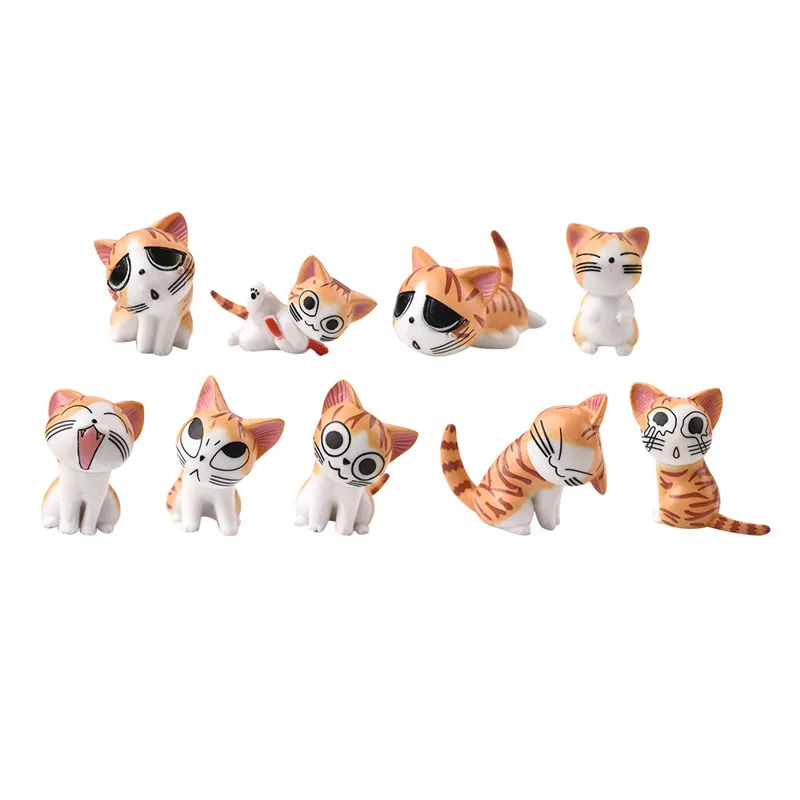 

9pcs/Set Mini Cheese Cat Ornament Small Miniature Figurine Fairy Garden Moss Cartoon Animal Statue Bonsai Dollhouse Decor