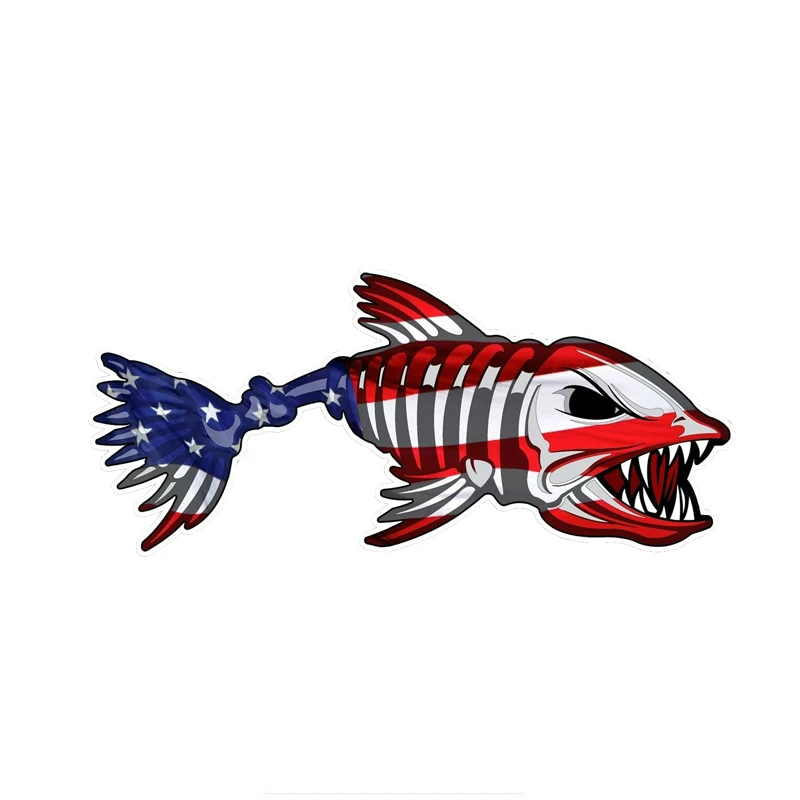

Personality Car Sticker USA Bone Fish Sticker Patriotic American Flag Fishing Decal PVC Waterproof Cover Scratch 15cmX6cm